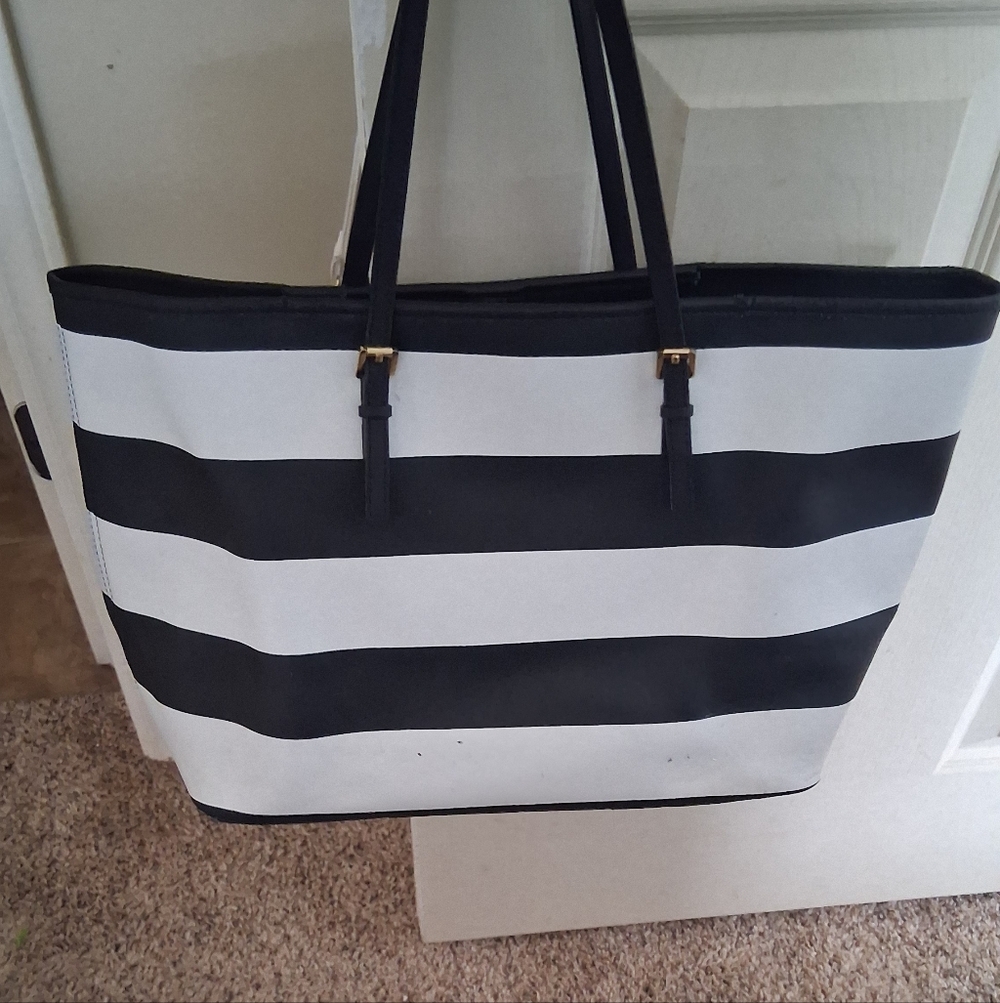 Michael Kors Navy Blue and White Striped Tote with Gold Accents. - Picture 2 of 6